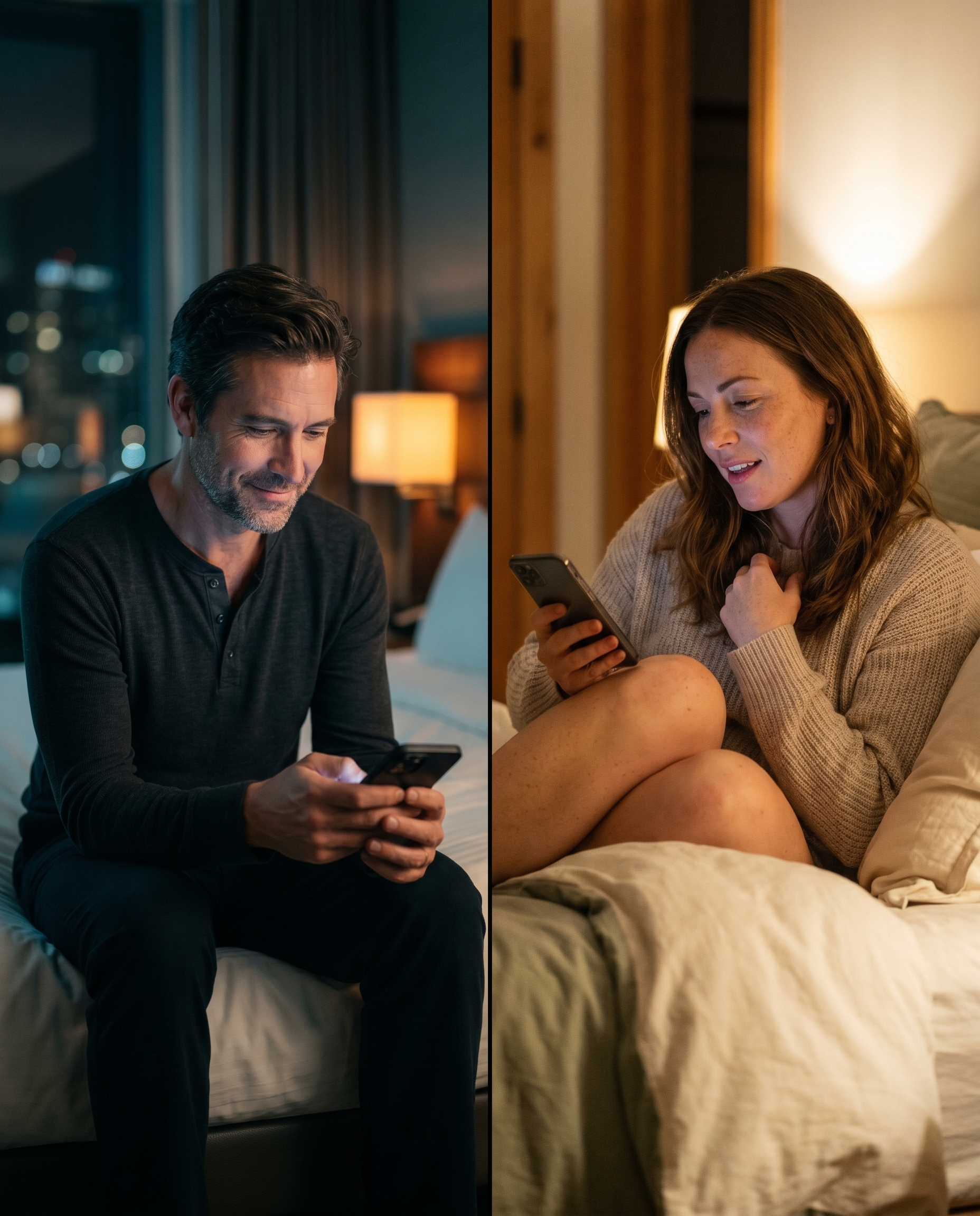 Split frame — a man in a dim apartment and a woman in a warm bedroom, each on their phone, sharing one moment across the distance