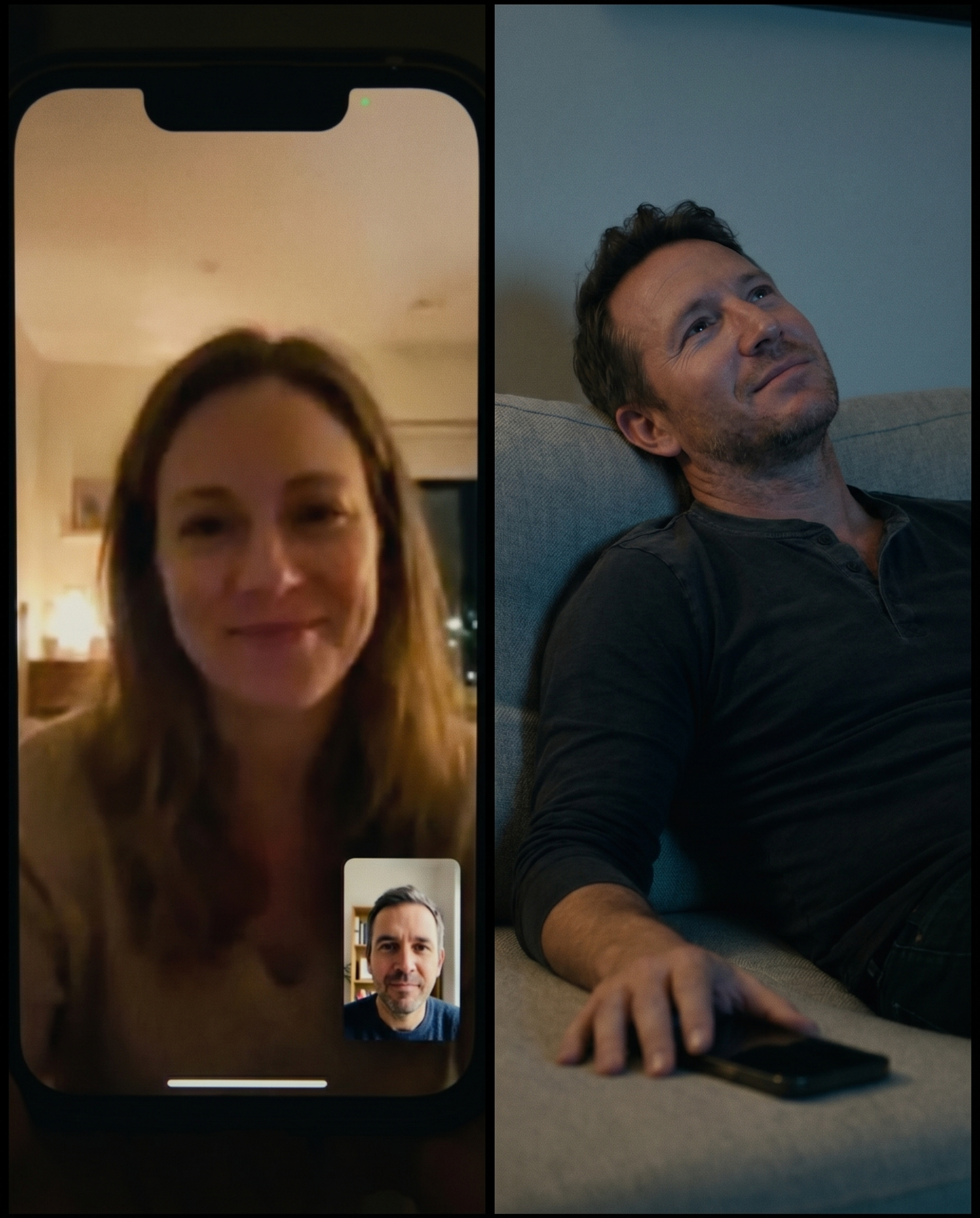 Split frame — a phone showing a warm FaceTime call with her on the left, the man alone on the couch at night on the right: communication solved, touch at zero