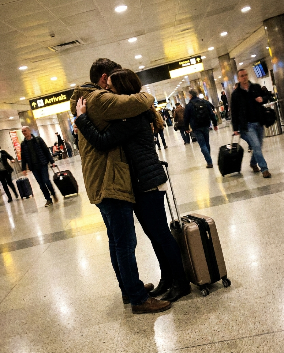 A couple embracing at airport arrivals with a suitcase — long-distance reunion